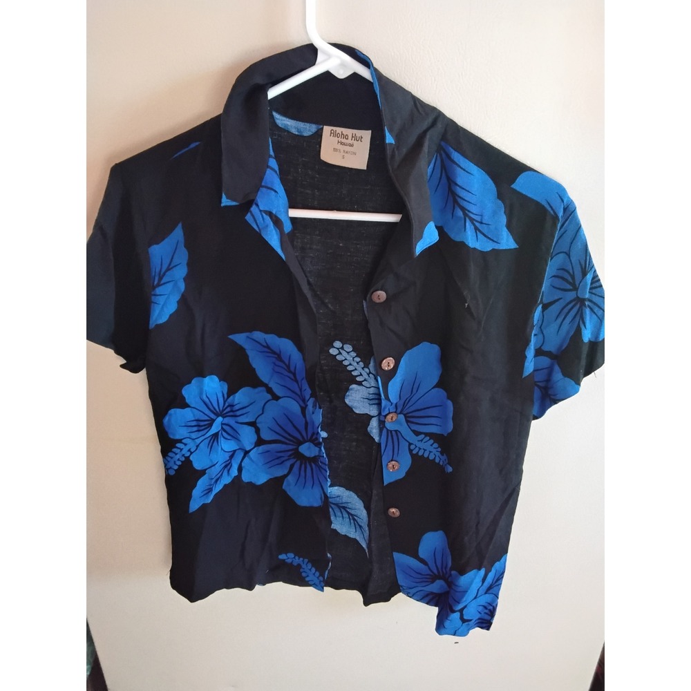 Aloha Hut Hawaii Mens Small Black Blue Hibiscus Floral Rayon Button‎ Front Shirt